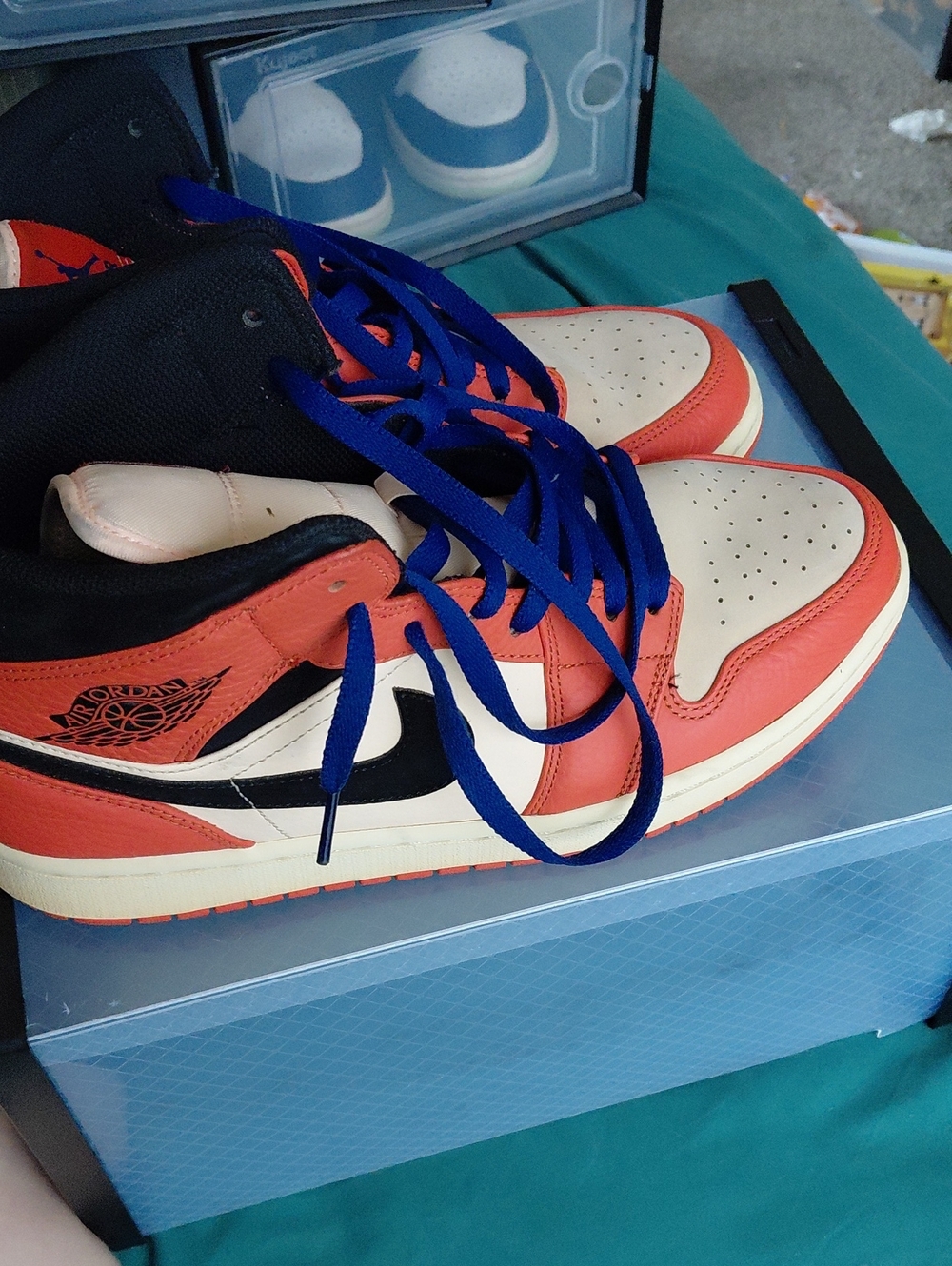 Jordan Men's Mid-Top Sneakers - Cream/Orange/Black with Blue Laces